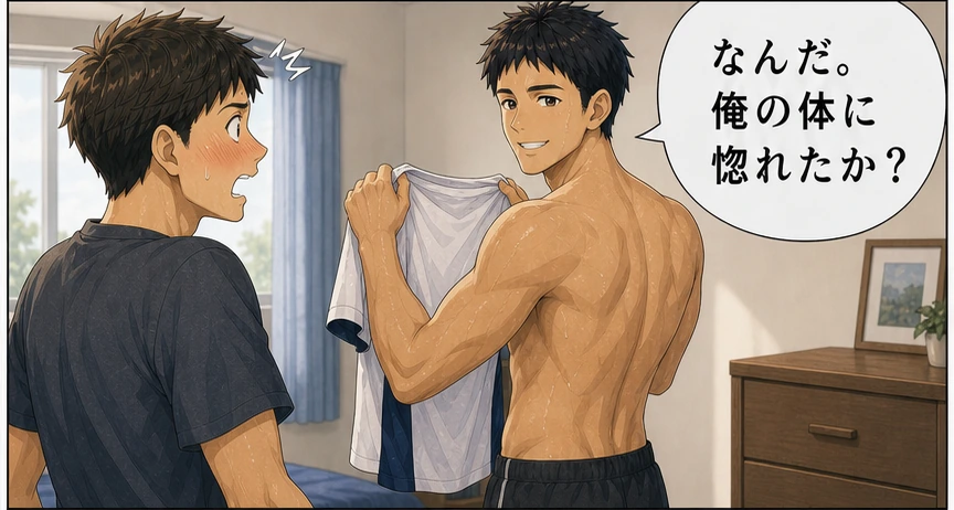 俺の体に惚れたかと笑う晴斗と照れる相談者