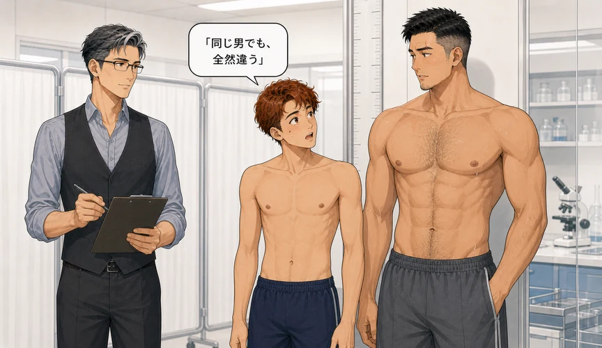 上半身を出して並び、同じ男性でも体格が違うと確認する千景と大地