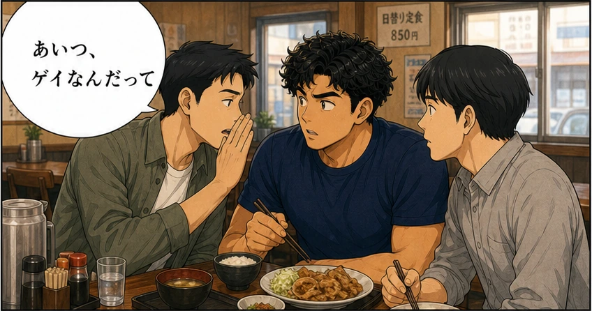 友人がゲイだという噂を拓海へ話す周囲の男性