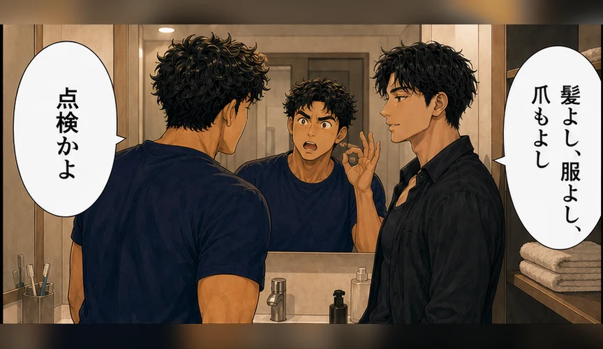 髪や服や爪を点検する湊